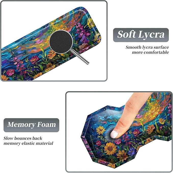3Pcs Mouse Pad Set Watercolor Flowers Large Gaming Mouse Pad with Stitched Edge Ergonomic Memory Foam Keyboard Wrist Support and Mouse Wrist Rest Cushion Pain Relief Non-Slip Desk Pad Combo