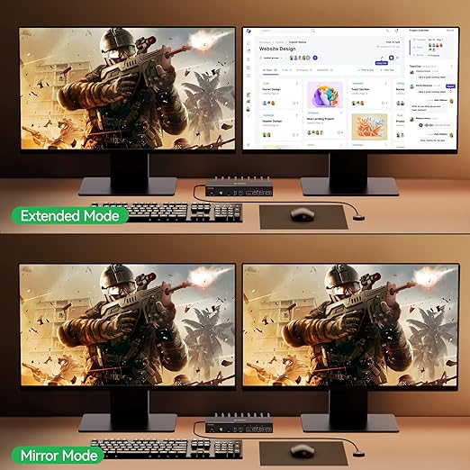 HDMI KVM Switch 2 Monitors 4 Computers 4K@60Hz EDID SimulationDual Monitor KVM Switch with 4 USB 3.0 Ports for USB PeripheralsAudioRS232with Wired Remote12V Power and 4 USB Cables