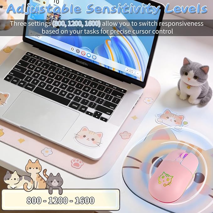 RGB Wireless Mouse Type-C Rechargeable Silent Buttons LED Breathing Light Cat Pattern for Laptop and Desktop