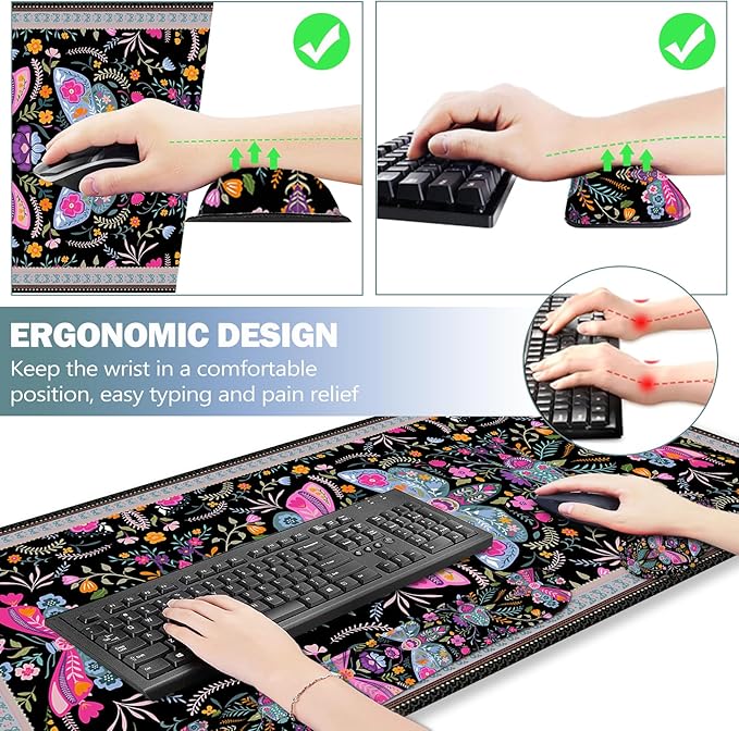 ARTSO Black Desk Mat Set Extended Gaming Mouse Pad with Wrist Rest Support +Keyboard Wrist Rest +Coaster Large Cute Butterfly Mousepad Colorful Butterfly