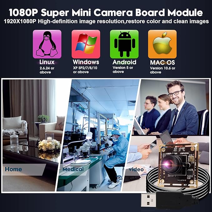 1080P USB Camera Module with 100 Degree No Distortion Lens2MP Tiny USB Camera with IMX323 Sensor Mini UVC Video Webcam with MicrophoneCompatible with WindowsLinux Mac OS and Raspberry Pi