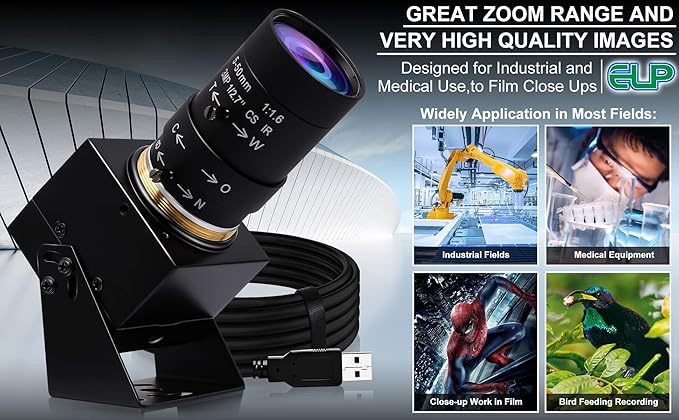 ELP 4K USB Camera with Microphone 5-50mm Varifocal Lens Manual Zoom Webcam 8MP IMX317 Sensor 3840x2160@30fps UVC for Windows Linux Mac Raspberry Pi etc.