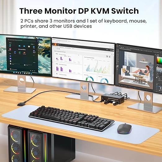 8K60Hz 4K120Hz Displayport KVM Switch 3 Monitors 2 Computers USB 3.0 DP KVM Switch for 2 Computers Share 1 Set of Keyboard Mouse Printer and 3 Monitors 4 Port USB 3.0 for Peripheral Sharing