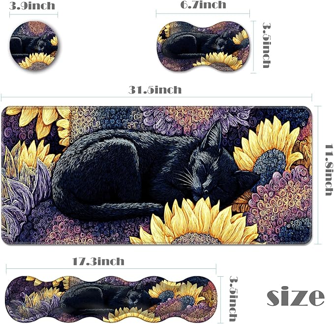 Ergonomic Keyboard Wrist Rest &amp Mouse Pad Wrist Rest SetXL Gaming Desk Mat 31.5x 11.8Non-Slip BaseMemory FoamEasy Typing Pain Relief for Office &amp HomeBlack Cat with Sunflowers