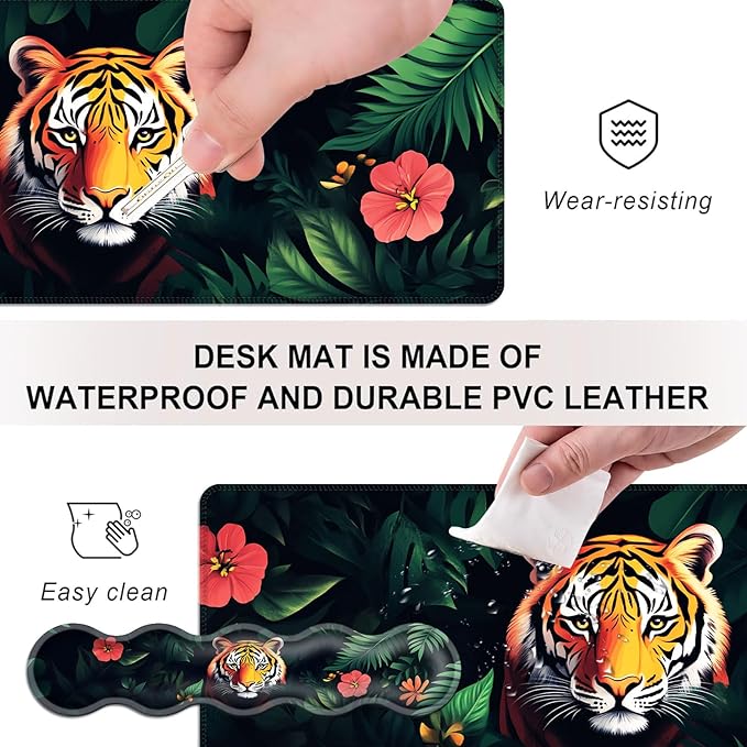Mouse PadLarge Desk Mat Set 4in1 XL Mousepad + Keyboard Wrist Rest+Mouse Wrist Rest+Coaster with Ergonomic Desk Pad for Home Office Table Computer Cover -Tiger with Jungle Flowers