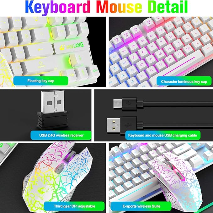 LexonElec Wireless RGB Backlit Gaming Keyboard Mouse ComboRechargeable 3800mAh Battery 87-Key Mechanical Feel Keyboard Quiet Mouse and Mouse Pad for Gamers and Office Typists(White)