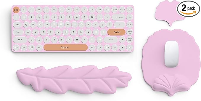 Keyboard Wrist Rest and Mouse Pad with Wrist Support Set Ergonomic Leaf Shape Mouse Pad with Non-Slip Base Pain Relief Memory Foam Mousepad for ComputerLaptopHome Office Pink
