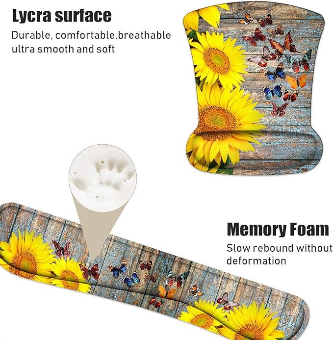 Keyboard Wrist Rest and Mouse Pad Wrist Support Set with Coasters Non-Slip PU Base Ergonomic Gaming Mousepad for Computer Laptop Home Office Easy Typing &amp Pain Relief - Sunflower and Butterfly