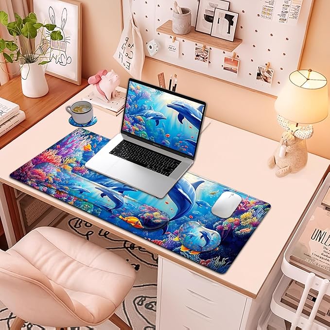 Large Mouse Pad + Keyboard Wrist Rest Set Extended Gaming Mousepad (31.5X11.8 inch) with Non-Slip Rubber Ergonomics Memory Foam Mouse Wrist Rest Support Underwater World Dolphin XXL Desk Pad