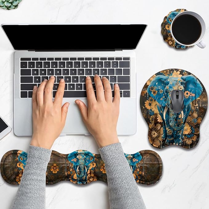 Keyboard Wrist Rest and Mouse Pad Wrist Support with Lace-Shaped Coaster Set Ergonomic Gel Memory Foam and Anti-Slip Base Easy Typing and Pain Relief - Blue Spotted Weevil