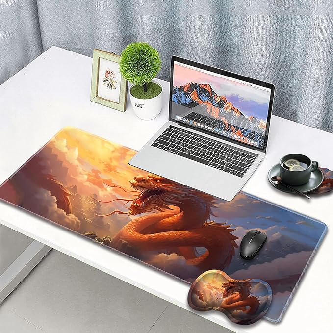 Large Gaming Mouse Pad + Wrist Rest + Lace Coaster Non-Slip Set with Sewn Edges and Waterproof Expandable Desktop Pad Suitable for Office/Home Golden Dragon