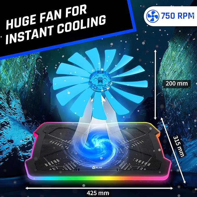 KLIM Ultimate - RGB Laptop Cooling Pad with LED Rim - New - Gaming Laptop Cooler - USB Powered Fan - Very Stable and Silent Laptop Stand - Compatible up to 17 - PC Mac PS5 PS4 Xbox One