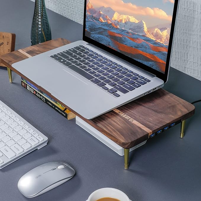 Monitor Stand Wood Riser with 4 USB Ports Computer Monitor Stand with America Walnut Data Transfer Charging Hub -Compatible with Computer Mac PCs Smartphone 20.5*8.3in