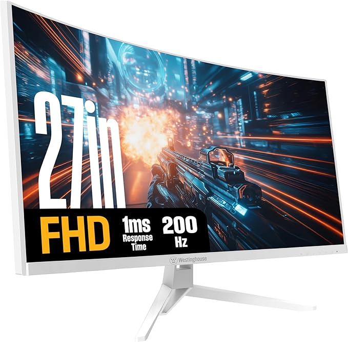 Westinghouse 27 Inch Curved Full HD White Gaming Monitor 200Hz AMD FreeSync Support Low Motion Blur 1500R Curve 1920 x 1080 for PC Games with Built in Speakers DisplayPort 2X HDMI