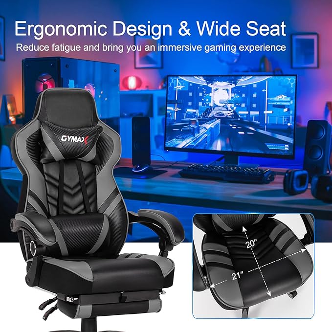 GYMAX Gaming Chair Ergonomic Computer Chair with Footrest Linkage Armrests &amp Lumbar Cushion Big Wide High Back Video Gaming Chair Reclining Office Rolling Chair for Adult/Teens (Gray)