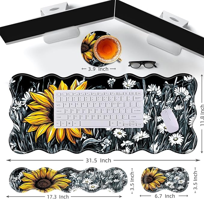 Large Gaming Mouse Pad Keyboard Wrist Rest Pad &amp Wrist Support Mousepad Set Stitched Edge Extended Non-Slip Base Memory Foam Desk Mat for Office HomeSunflowers and Daisies