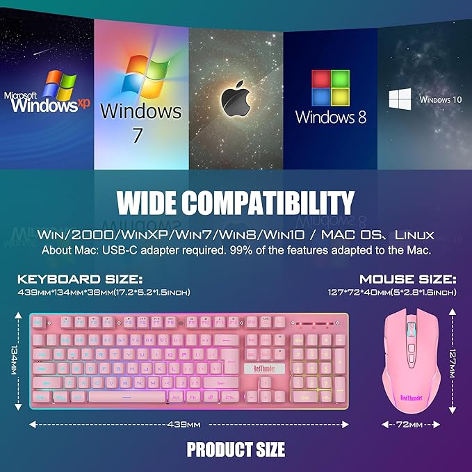 RedThunder K10 Wireless Gaming Keyboard and Mouse Combo LED Backlit Rechargeable 3800mAh Battery Mechanical Feel Anti-ghosting Keyboard + 7D 3200DPI Mice for PC Gamer (Pink)