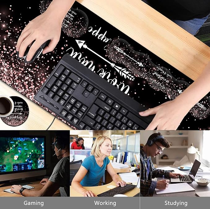 Large Gaming Mouse Pad Memory Foam Keyboard Wrist RestExtended Office Desk MatOffice Desk Pad with Stitched EdgesLaptop Desk Table Protector Rose Gold Glitter Inspirational Quotes Black Writing Mat