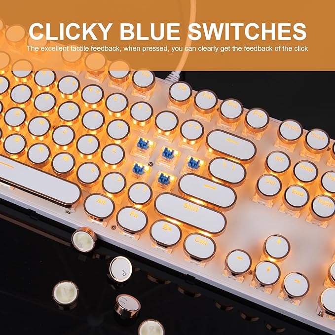 Camiysn Typewriter Style Mechanical Keyboard Retro Punk Gaming Keyboard with Gold LED Backlit Cute Wired Keyboards104 Keys Full Size Keyboards Uique Round Keycaps for Windows/Mac/PC(White&ampGold