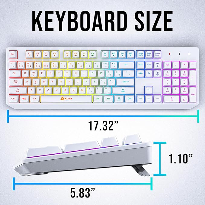 KLIM Chroma White Wireless Keyboard – RGB Backlit Rechargeable Battery Wireless Keyboard with Water-Resistant Durable Design Compatible with PC Mac PS4 PS5
