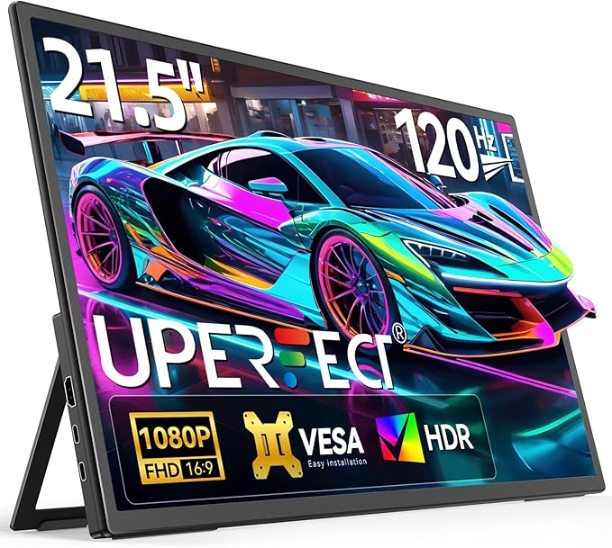 UPERFECT 21.5” 120HZ Portable Monitor w/Stand &amp VESA Large Portable Gaming Monitor with HDMI Type C External Dispaly for Laptops Steamdeck MacBook Phones Mini PC