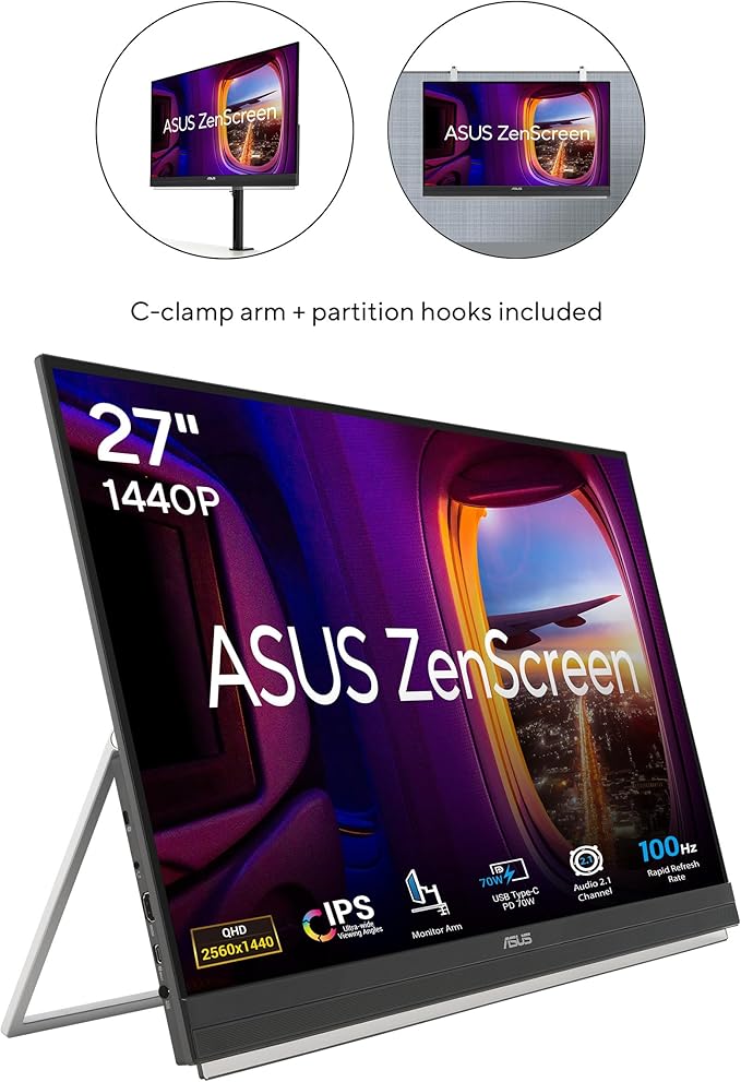 ASUS ZenScreen 27” 1440P Transportable Monitor (MB27ACF) - QHD (2560 x 1440) IPS 100Hz USB-C PD 70W Speakers Carrying Handle Kickstand C-clamp Sub-woofer 2.1 Channel Audio 3 yr Warranty