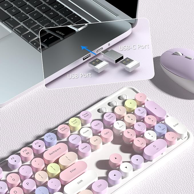 Colorful Wireless Keyboard and Mouse Combo COVEVA 2.4GHz Wireless Retro Cute Round Keycaps Keyboard 104 Keys Full-Sized Keyboard Mouse Set with Switch Button for PC Laptop Desktop (White Colorful)