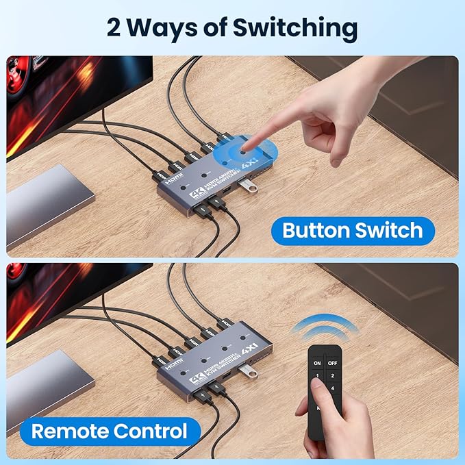 HDMI KVM Switch 4 Computer 4 Port HDMI USB Switch for 4 Computer Share a 4K@60Hz Monitor and 4 USB Devices Keyboard Mouse Printer Includes 4 KVM Cables &amp Remote Controller (no Batteries)