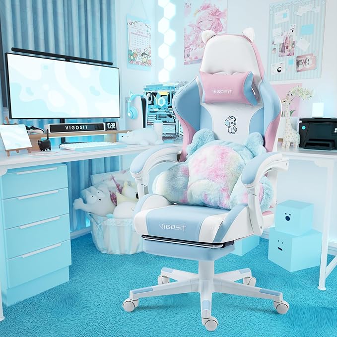 Cute Gaming Chair for Girl Ergonomic Cat Computer Chair with Armrests High Back Video Game Chairs with Footrest and Massage Lumbar Support for Teen &amp Woman Adjustable Height (Blue+Pink)