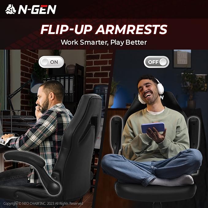 N-GEN Video Gaming Chair Ergonomic Computer Desk Office Chair with Lumbar Support Adjustable Height Swivel Wheels Flip-Up Arms PU Leather Home and Office (Black)