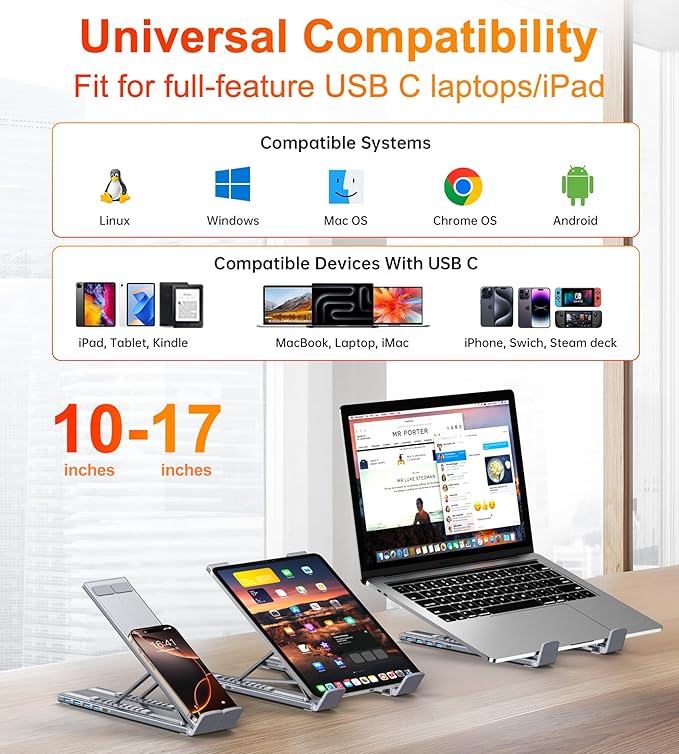 5-in-1 USB C Hub Adjustable Aluminum Laptop Stand 4-Port USB A 3.0 with 5Gbps Data Transfer USB C Hub Docking Station [Charging Not Supported] for MacBookPro/Air/Dell/HP/Lenovo