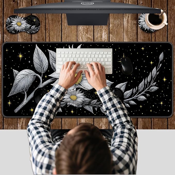 Ergonomic Keyboard Wrist Rest &amp Mouse Pad Wrist Rest SetXL Gaming Desk Mat 31.5x 11.8Non-Slip BaseMemory FoamEasy Typing Pain Relief for Office &amp HomeGlowing Flower