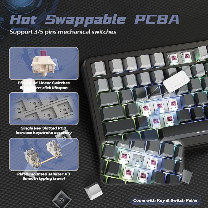 ATTACK SHARK X85 Pro Wireless Mechanical Gaming Keyboard with TFT Screen &amp Knob Hot-Swappable BT5.1/2.4Ghz/USB-C RGB Backlit Gasket Mount Gradient Side-Print PBT Keycaps for Win/PC/MAC-Moon Night