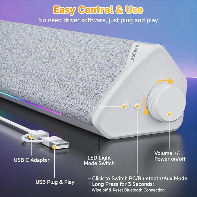 SOULION Computer Speakers USB-Powered Bluetooth PC Soundbar with Dynamic RGB LED Lights Surround Sound for Desktop Laptop Office Work Music &amp Gaming White (USB-C to USB Adapter Included)