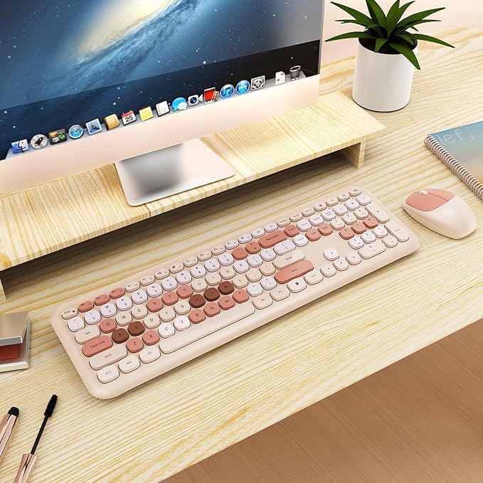 Wireless Keyboard and Mouse Combo Colorful Ergonomic Full Size Retro Low-Noise Keyboard with Cute keycaps Compatible with Windows PC Perfer for Home and Office Keyboards (Brown)