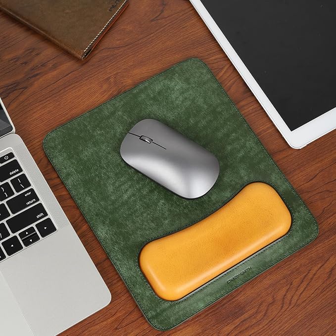 Leather Mouse Pad with Wrist Support Vintage Frosted Leather Handmade Ergonomic Design 25x21cm (Green with Yellow)