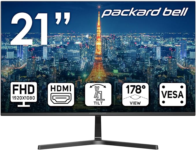 Packard Bell airFrame 21 FHD Monitor 1920x1080 Ultrawide VESA Mount Compatible Tilt Adjustment HDMI/VGA Slim Bezel for Home Office and Light Gaming