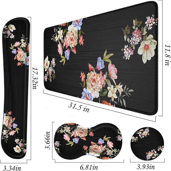 Mouse Pad Set(31.5×11.8 in) Desk Pad + Keyboard Wrist Rest Support + Mouse Wrist Rest + Coaster for OfficeHomeComputerLaptop - 4 Peony Flower