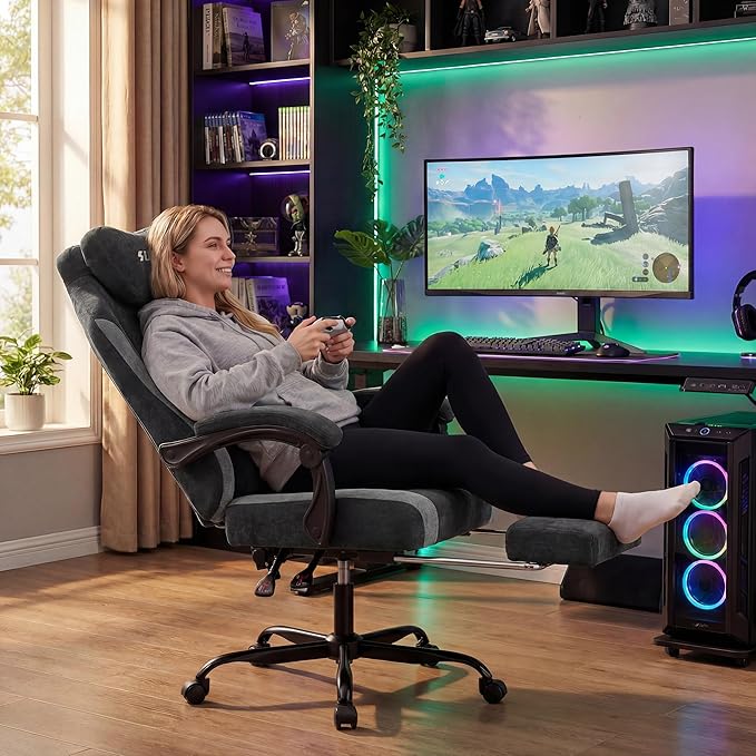SUKIDA Fabric Video Gaming Chair Ergonomic High-Back Computer Game Chairs with Large Massage Adjustable Lumbar Support Headrest and Linked Armrests for Long Hours Sitting Task Chair Black