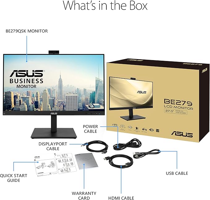 ASUS 27” 1080P Video Conference Monitor (BE279QSK) - Full HD IPS Built-in Adjustable 2MP Webcam Mic Array Speakers Eye Care Wall Mountable Frameless HDMI DisplayPort VGA Height Adjustable