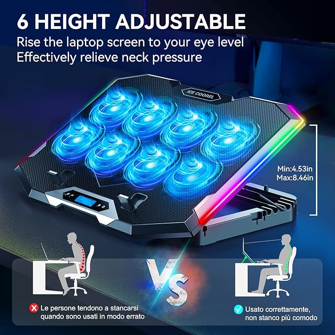 ICE COOREL Gaming Laptop Cooling Pad with 8 Cooling Fans Laptop Fan Cooler Pad for 15-17.3 Inch Notebook Cooler Stand with 6 Height Adjustable RGB Cooling Pad with Two USB Port + Phone Stand