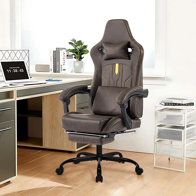 Brown Gaming Chairs with Footrest PVC Leather Video Game Chair for Adults Ergonomic Gaming Chair with Headrest &amp Lumbar Support Reclining Gamer Chairs with Adjustable Backrest (Brown)