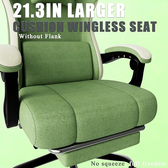 Gaming Chair High Back Fabric Computer Chair with Pocketed Spring Cushion and Footrest Height Adjustable Game Chair with Headrest and Lumbar Support (Beige &amp Green)