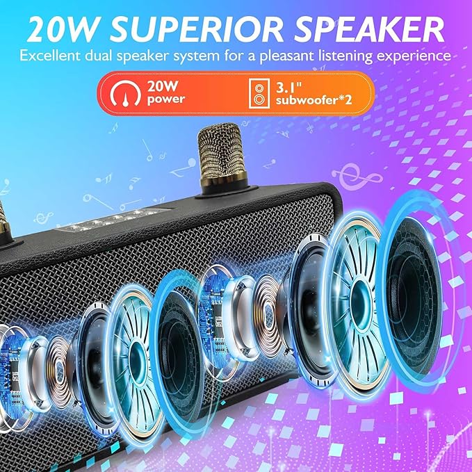 Karaoke Machine for Adults &amp Kids Portable Bluetooth Speaker with 2 Wireless Karaoke Microphones PA System with Echo Adjustment Support Bass/FM/USB/TF for Home Party