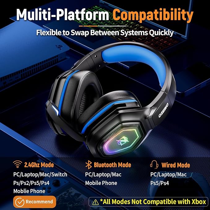 Ozeino 2.4GHz Gaming Headset Wireless with Flip Mic for Ps5 Ps4 PC Gaming Headphones with RGB Light 40Hr Battery Bluetooth Headset for Laptop Mobile Mac