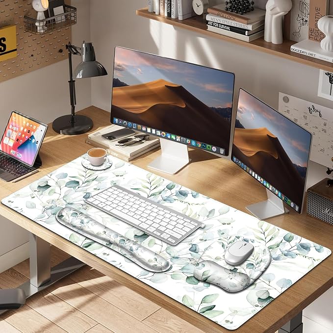 Large Mouse Pad with Wrist Support 4in1 Set XXL Big Game Mousepad +Keyboard Wrist Rest+Mouse Wrist Rest+Coaster with Ergonomic Design Gaming Mat for Home Office Computer I Eucalyptus Branches