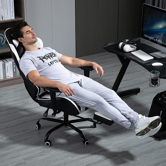 Massage Gaming Chair w/Footrest Video Racing Chair PC High Back Desk Computer Chair PU Leather Recliner w/Headrest and Lumbar Pillow White