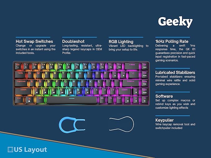 Geeky GK65 65% | Hot Swappable Mechanical Gaming Keyboard | 68 Keys Multi Color RGB LED Backlit for PC/Mac Gamer | ANSI US American Layout (Black Mechanical Speed Silver)