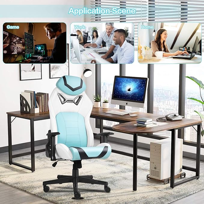 Modern-Depo Ergonomic Gaming Chairs for Adults with High-Density Memory Foam | Swivel Comfortable Office Chair Big and Tall Video Game Chair High Back Computer Chair for Home Office Cyan White