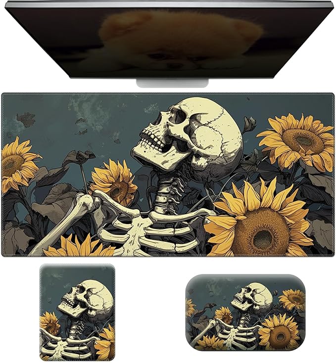 Ergonomic Desk Pad Mat &amp Keyboard Wrist Rest Set 3-in-1 Office Mouse Pad with Memory Foam Support Non-Slip Computer Blotter for Home Gaming &amp Writing 23.6 x 11.8 Sunflower Skull